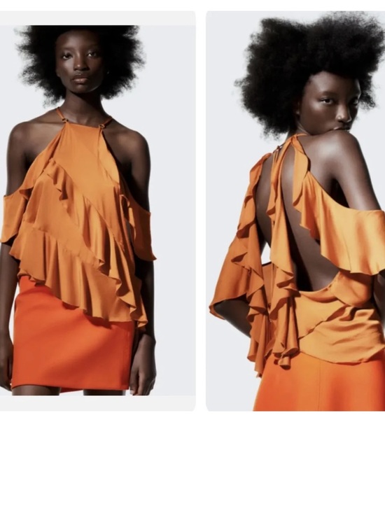 Zara Tops - Zara Limited Edition Burnt Orange ruffle Open Back Asymmetrical Blouse, size M